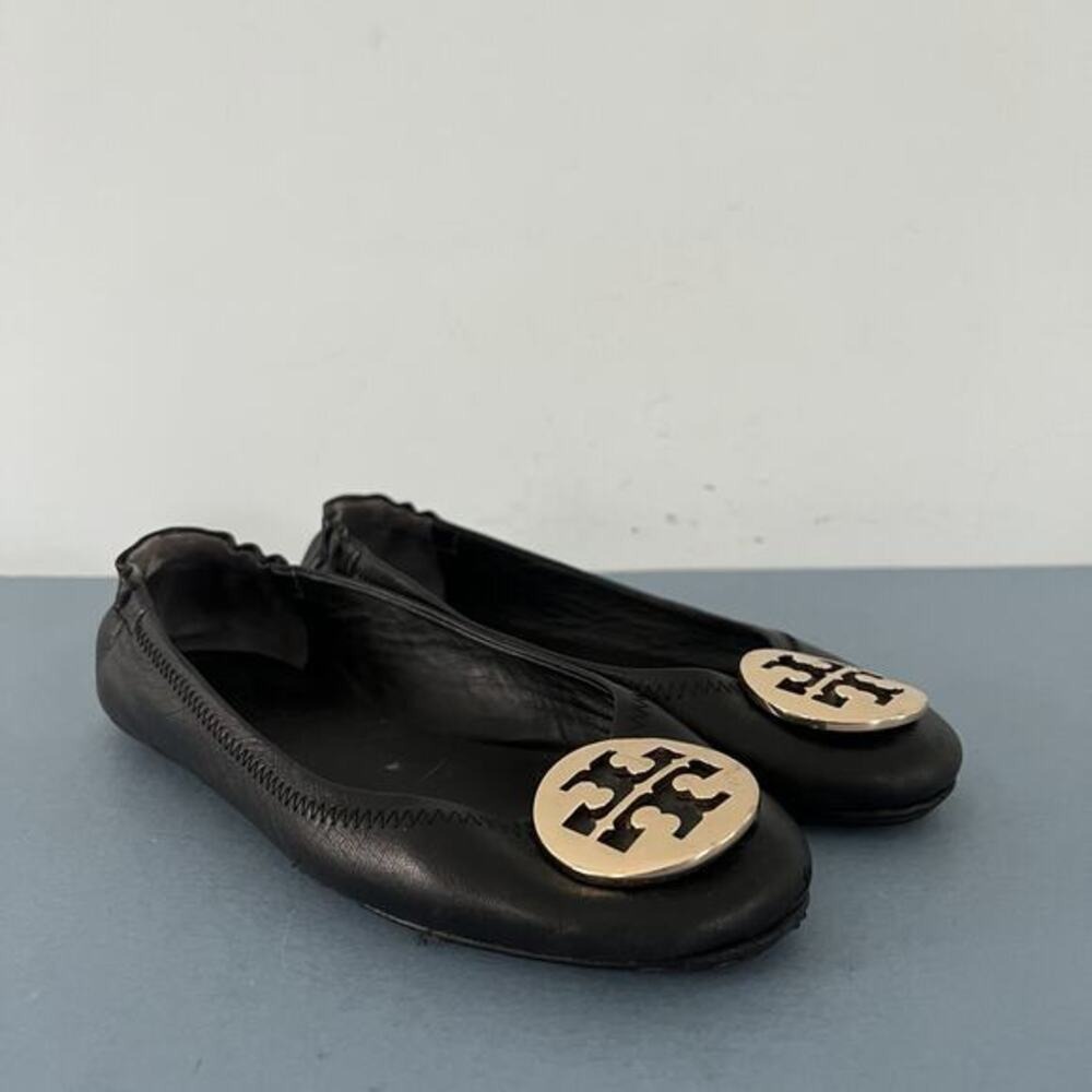 Tory Burch‎ Minnie Black Leather Gold Logo Elastic Heel Ballet Flats